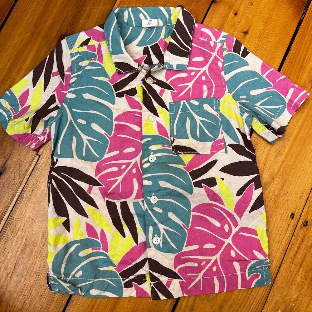 Baby Gap Toddler 4T Hawaiian Shirt Short Sleeve Tropical Palm Button Down Cotton